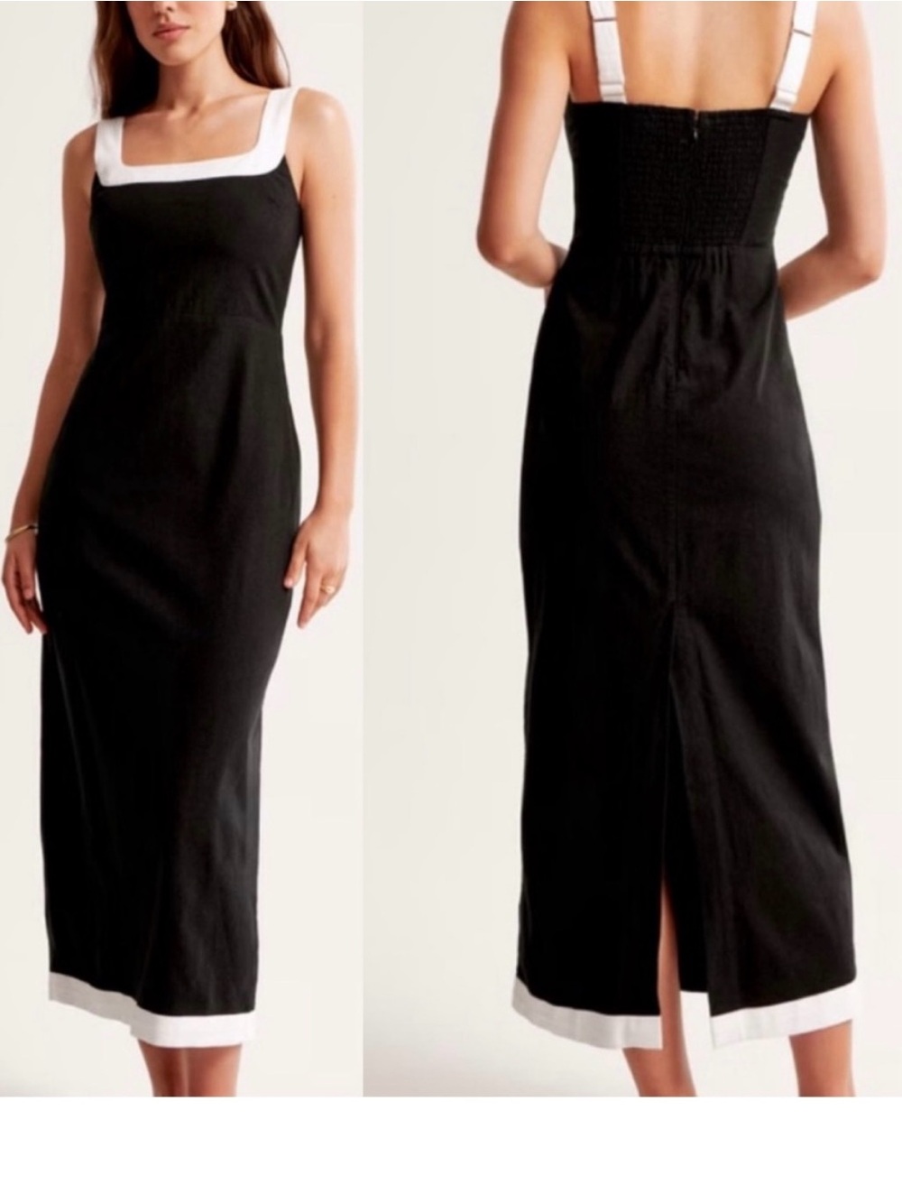 Abercrombie & Fitch Linen Blend Squareneck Column Black White Midi Dress Small